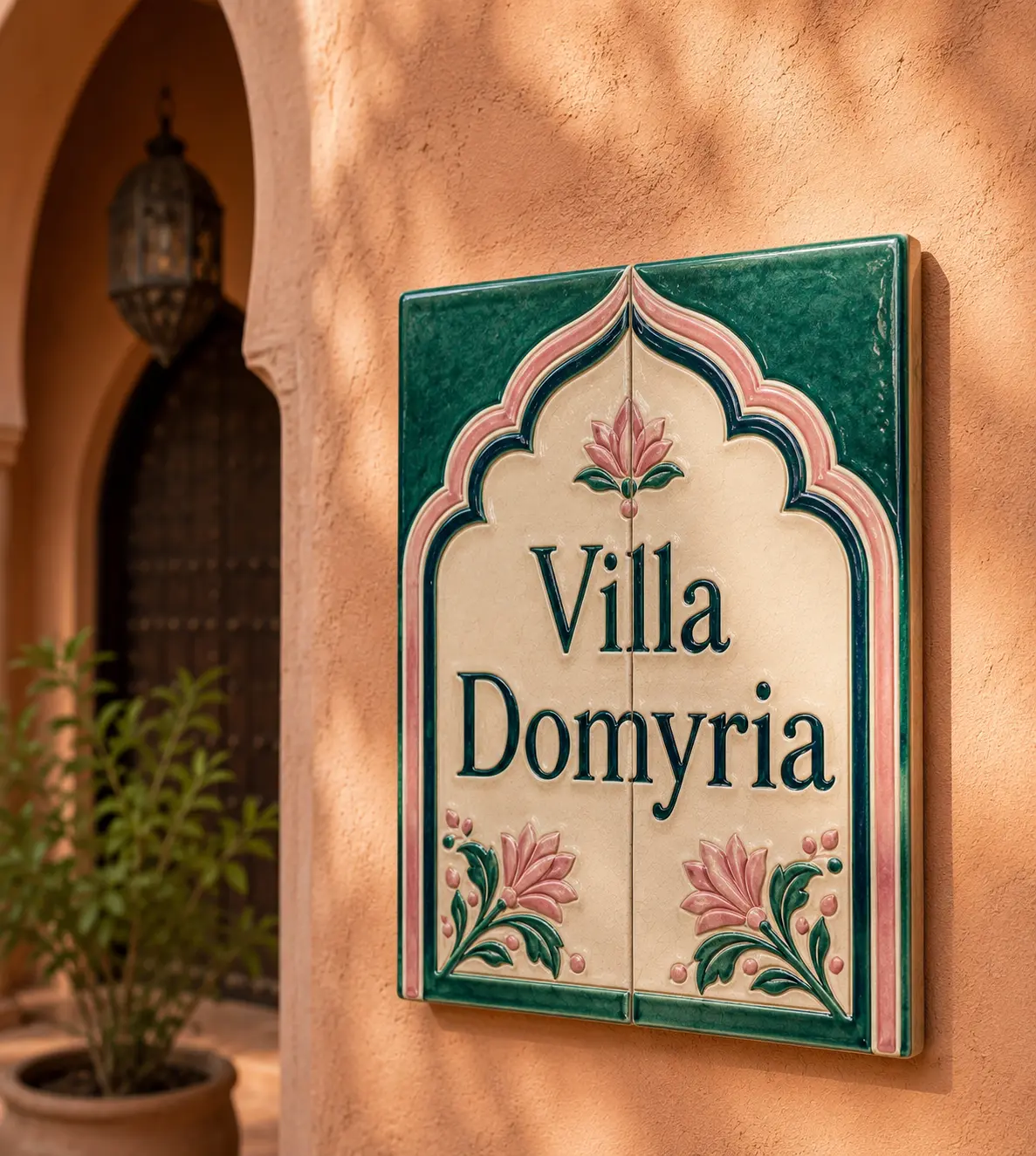 Villa Domyria  ·  deux carreaux verticaux aux fleurs roses et vertes.