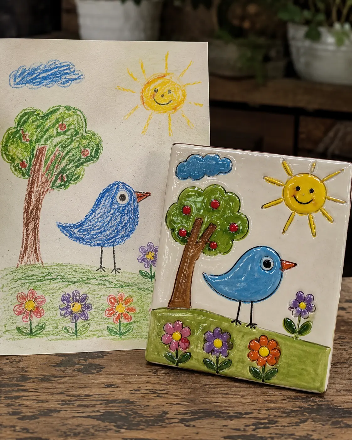 Dessin d'enfant d'un oiseau bleu reproduit sur un carreau en céramique peint à la main