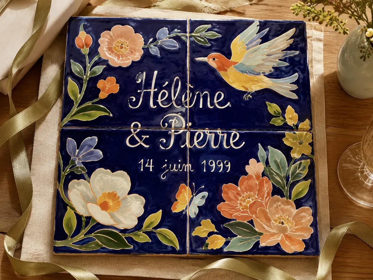Cadeau noces de faïence Hélène & Pierre, oiseau et fleurs sur fond bleu nuit