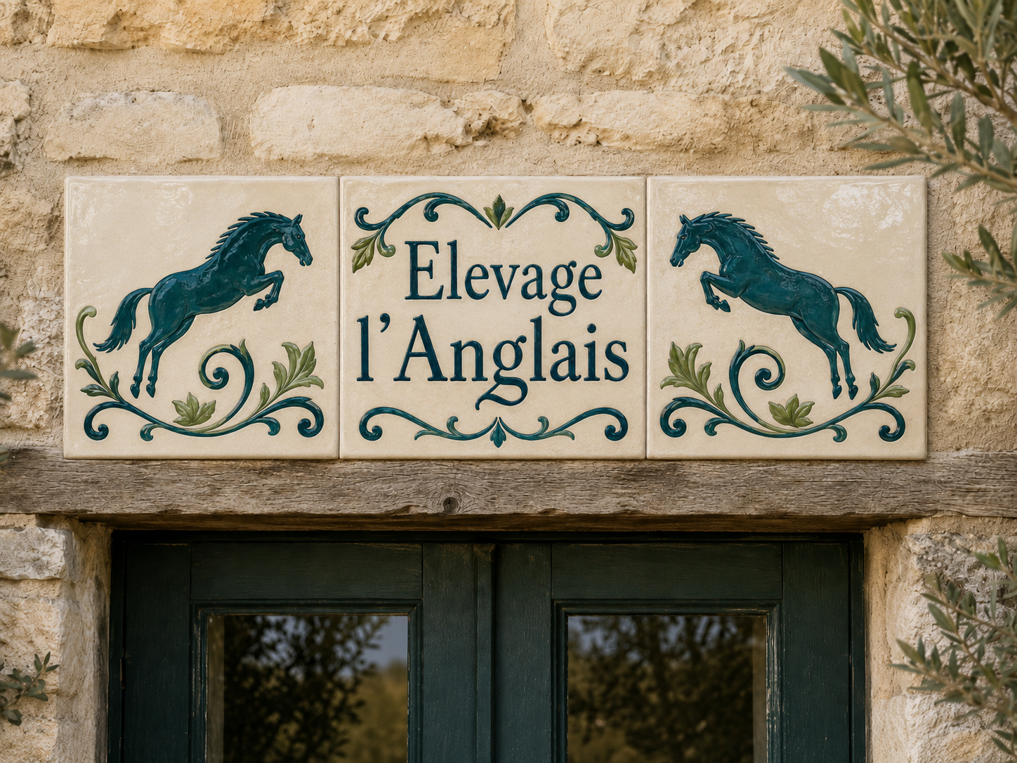 Élevage l'Anglais  ·  trois carreaux décorés de chevaux bleus.
