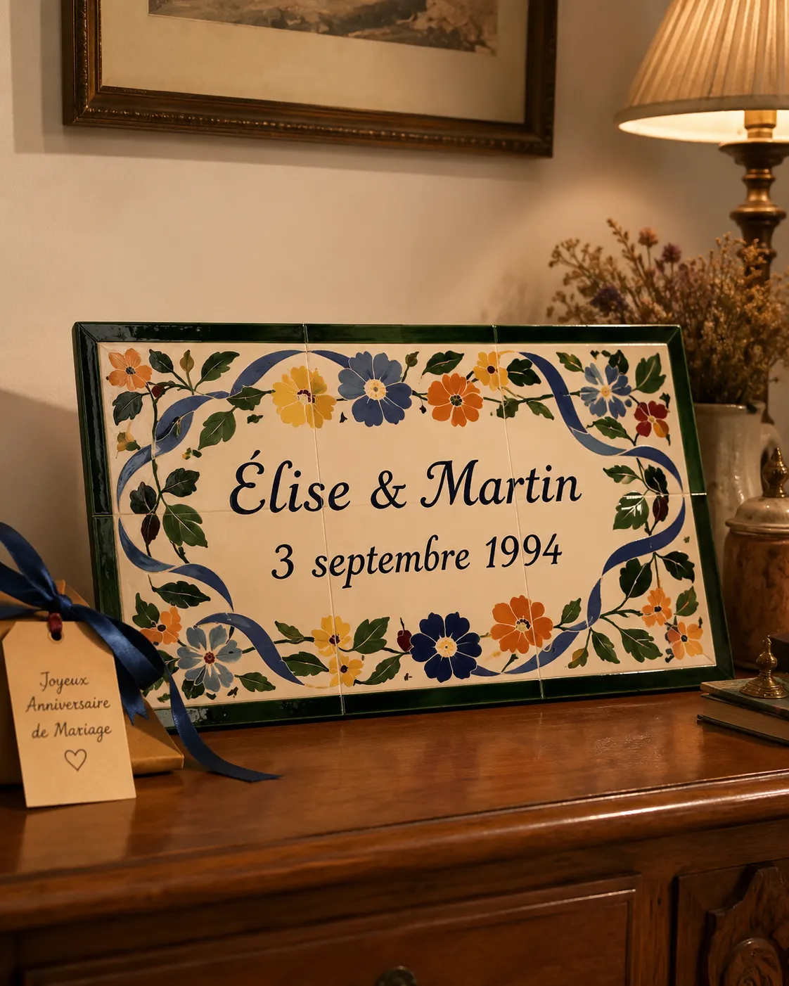 Cadeau noces de faïence Élise & Martin, plaque anniversaire de mariage peinte à la main