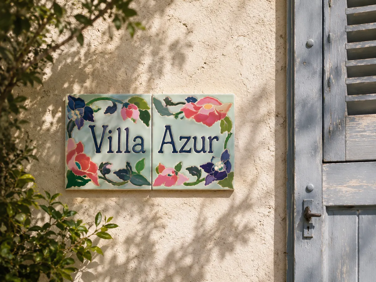 Plaque nom de maison Villa Azur peinte à la main, roses et ancolies