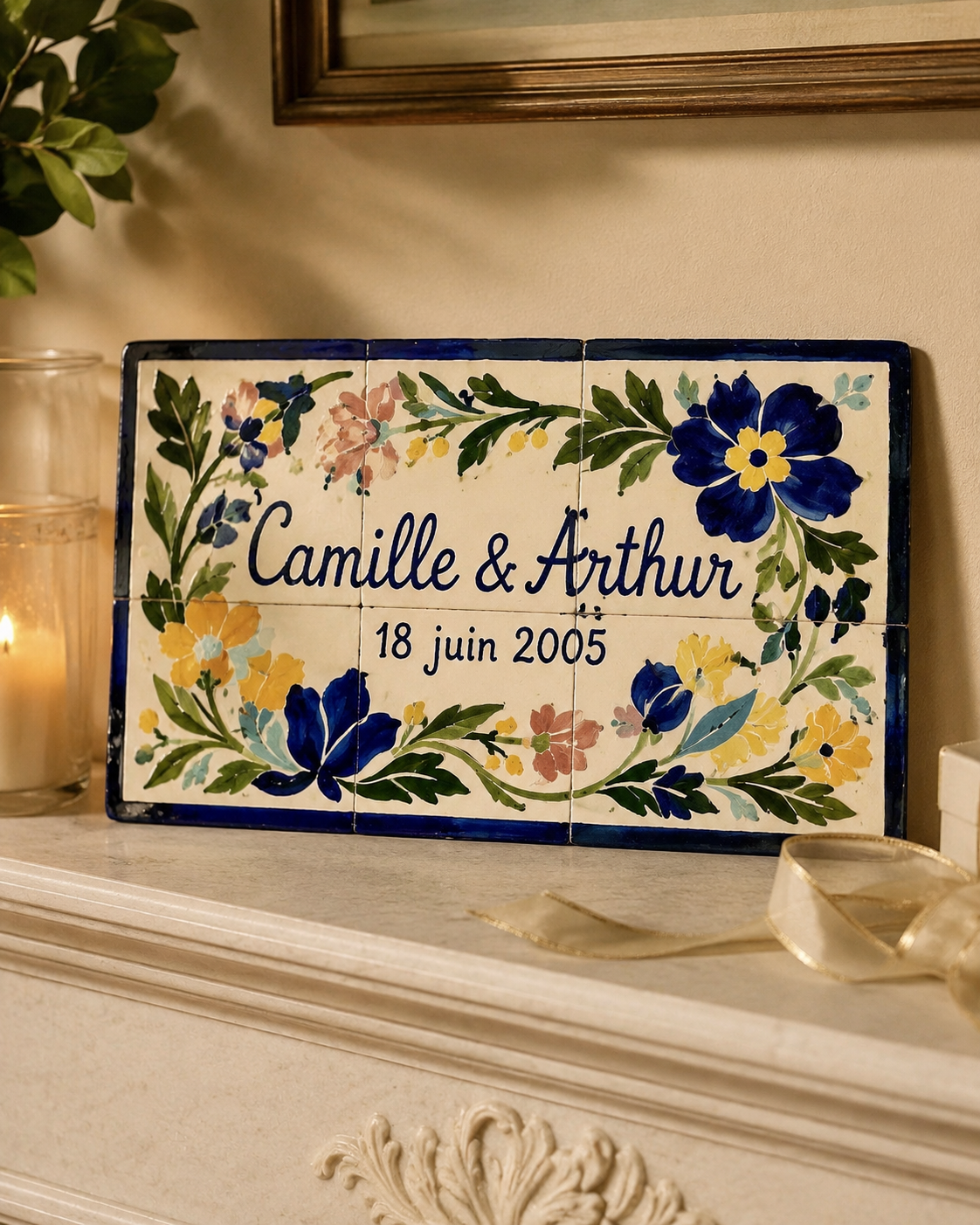 Plaque anniversaire de mariage Camille & Arthur, peinte à la main en faïence émaillée