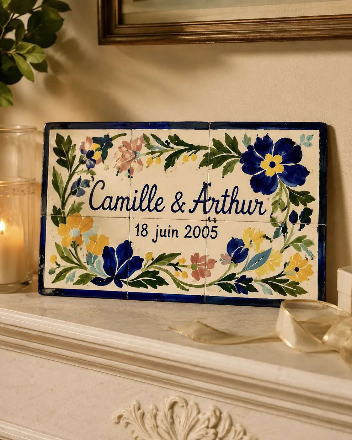 Plaque anniversaire de mariage Camille & Arthur, peinte à la main en faïence émaillée