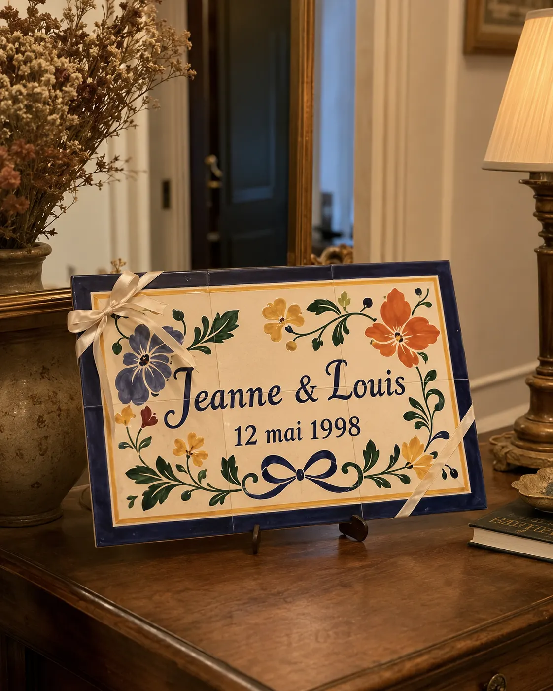 Plaque noces de faïence Jeanne & Louis, fleurs et nœud peints à la main