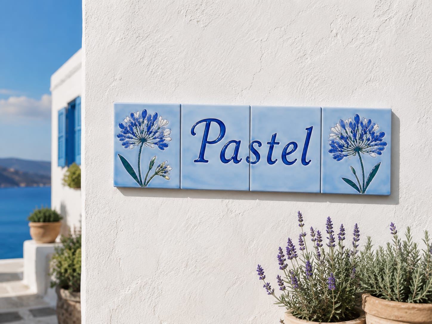 Pastel  ·  quatre carreaux bleus aux agapanthes.