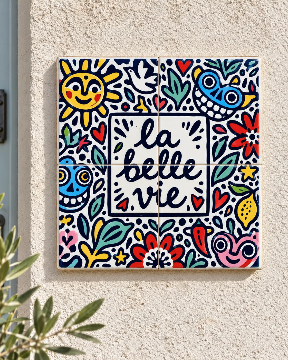 La Belle Vie  ·  quatre carreaux au décor coloré et joyeux.
