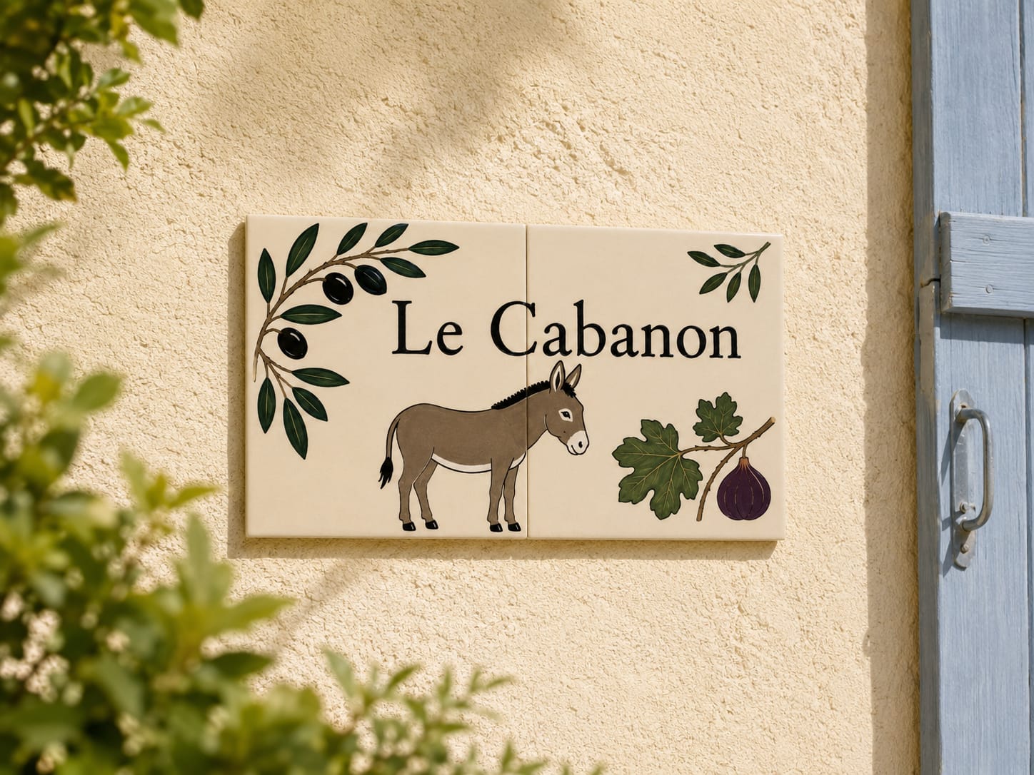 Le Cabanon  ·  deux carreaux avec âne, olivier et figue.