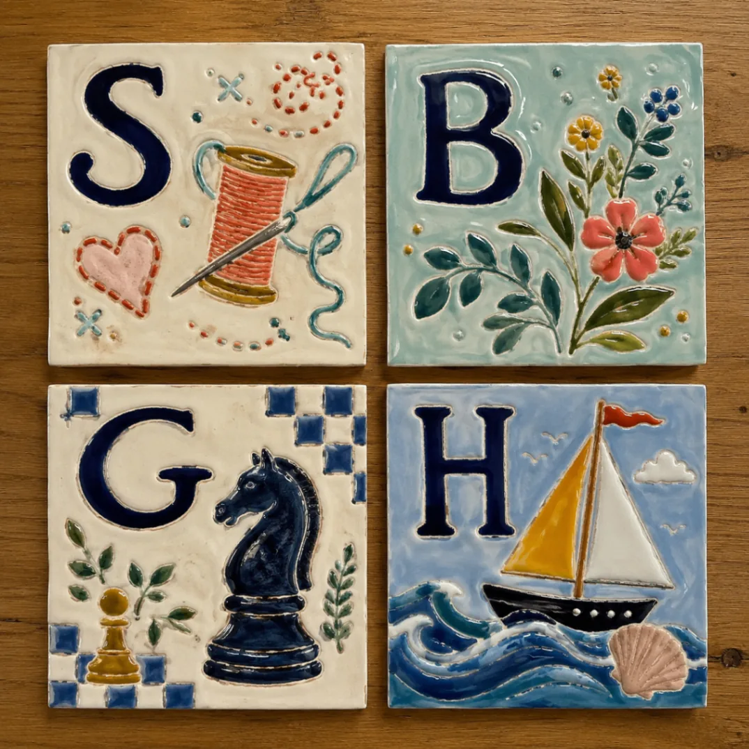 Quatre dessous de verre initiales S, B, G, H