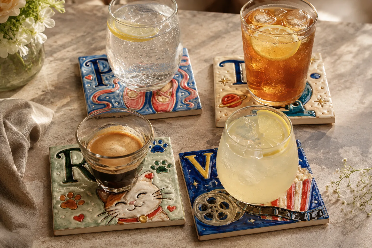 Dessous de verre prénoms Zoé, Arthur, Lina, Noé