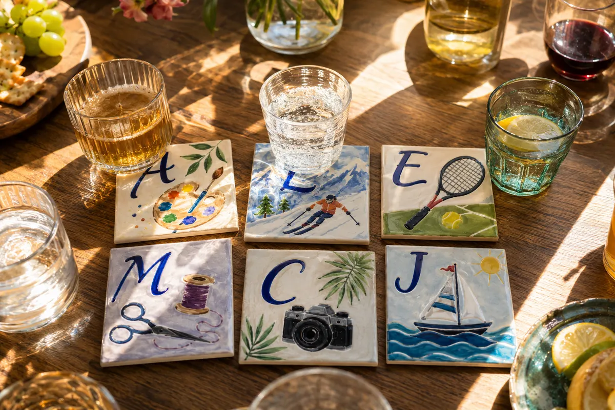 Six dessous de verre personnalisés en ambiance sur table ensoleillée