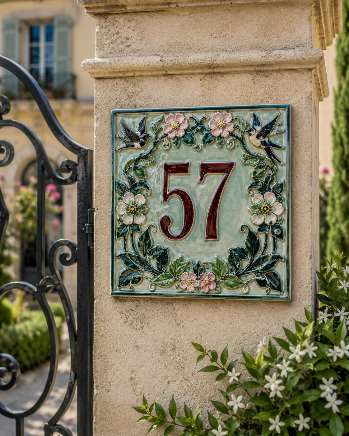 Numéro 57 avec oiseaux et fleurs peints à la main