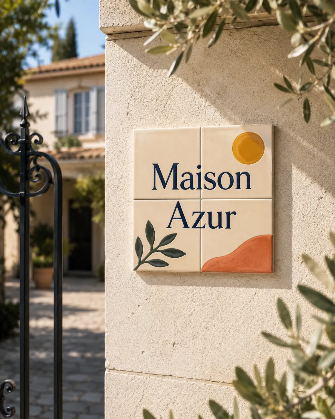 Maison Azur  ·  plaque sobre, olivier et soleil.