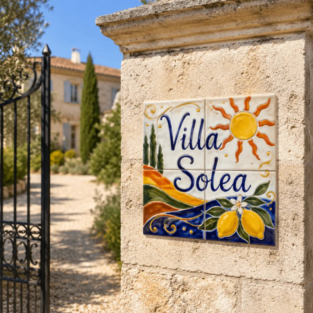 Plaque nom de maison Villa Solea peinte à la main